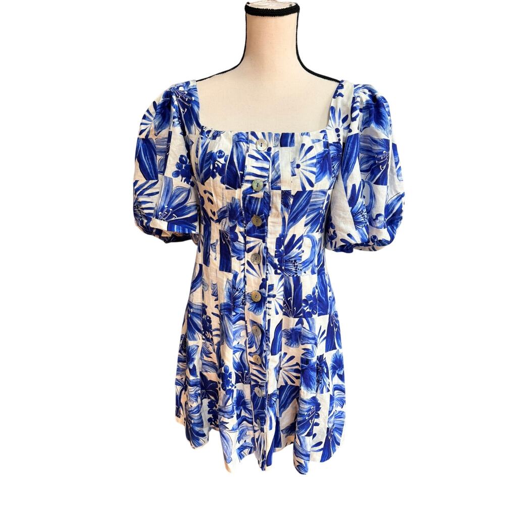 FARM Rio Women's XS Off-White Blue Garden Tiles Plaid Mini Dress SOLD OUT - Picture 3 of 9